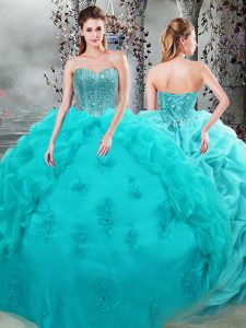 Sleeveless Organza Floor Length Lace Up Sweet 16 Quinceanera Dress in Aqua Blue with Beading and Appliques and Pick Ups