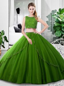 On Sale Sleeveless Floor Length Lace and Ruching Zipper Quinceanera Gowns with Olive Green