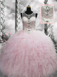 Scoop Sleeveless Lace Up Quince Ball Gowns Baby Pink Tulle