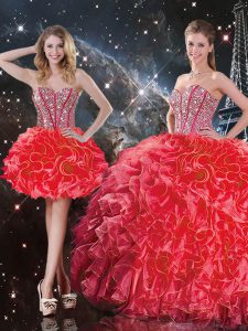 High Quality Beading and Ruffles Quinceanera Dresses Coral Red Lace Up Sleeveless Floor Length