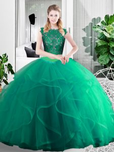 Turquoise Tulle Zipper Scoop Sleeveless Floor Length Sweet 16 Dresses Lace and Ruffles