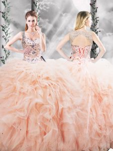 Peach Straps Lace Up Beading and Ruffles Quinceanera Dresses Sleeveless