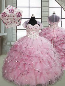 Lace Up Pageant Dress Toddler Baby Pink for Quinceanera and Wedding Party with Beading and Ruffles Brush Train