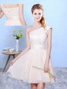 Fashion Champagne Vestidos de Damas Wedding Party with Appliques One Shoulder Cap Sleeves Lace Up