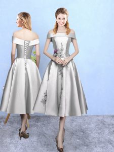 Discount Silver Taffeta Lace Up Quinceanera Court of Honor Dress Sleeveless Tea Length Appliques
