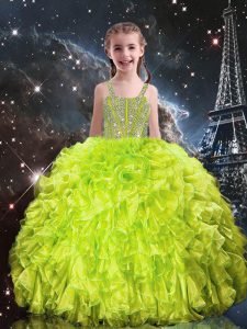 Yellow Green Organza Lace Up Straps Sleeveless Floor Length Pageant Dress for Teens Beading and Ruffles