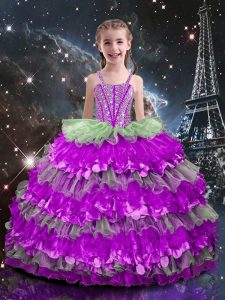 Perfect Multi-color Organza Lace Up Kids Pageant Dress Sleeveless Floor Length Beading and Ruffled Layers