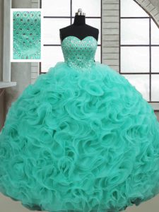 Sleeveless Beading Lace Up Sweet 16 Dress with Turquoise Brush Train