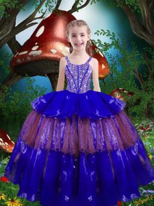 Beading and Ruffled Layers Kids Formal Wear Royal Blue Lace Up Sleeveless Floor Length