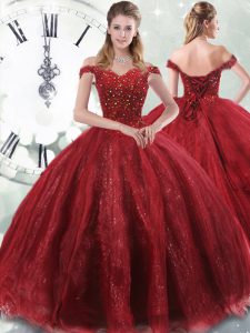 Off The Shoulder Sleeveless Tulle Ball Gown Prom Dress Beading Brush Train Lace Up