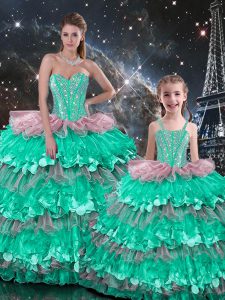 Deluxe Sleeveless Floor Length Beading and Ruffles Lace Up 15th Birthday Dress with Multi-color
