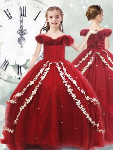 Sleeveless Tulle Brush Train Lace Up Pageant Gowns in Wine Red with Appliques