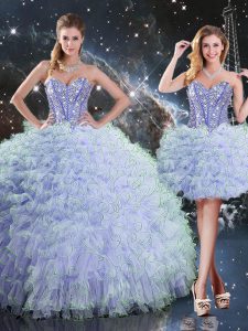 Excellent Floor Length Lavender Quinceanera Dress Organza Sleeveless Beading and Ruffles