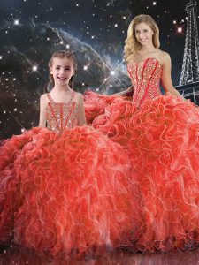 Cute Floor Length Coral Red Quinceanera Dress Organza Sleeveless Beading and Ruffles