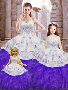 On Sale Beading and Appliques and Ruffles Sweet 16 Dress White And Purple Lace Up Sleeveless Floor Length