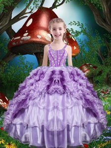 Pretty Lavender Organza Lace Up Straps Sleeveless Floor Length Kids Formal Wear Beading and Ruffles and Ruffled Layers