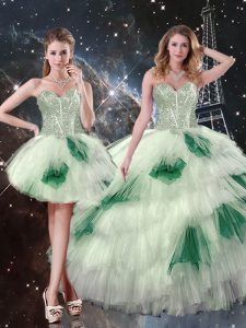 Sweetheart Sleeveless Tulle 15 Quinceanera Dress Beading and Ruffled Layers and Sequins Lace Up