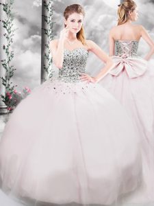 Simple Tulle Sleeveless Quinceanera Gown Brush Train and Beading and Bowknot