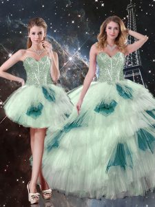 Sweetheart Sleeveless Quince Ball Gowns Floor Length Beading and Ruffled Layers and Sequins Multi-color Tulle