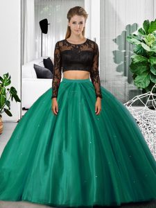 Excellent Scoop Long Sleeves Sweet 16 Dresses Floor Length Lace and Ruching Dark Green Tulle
