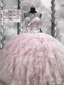 Top Selling Pink Zipper Scoop Beading and Ruffles 15 Quinceanera Dress Tulle Sleeveless