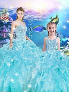 Aqua Blue Ball Gowns Organza Sweetheart Sleeveless Beading and Ruffles Floor Length Lace Up Ball Gown Prom Dress