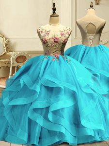 Aqua Blue Sleeveless Floor Length Appliques and Ruffles Lace Up Quince Ball Gowns