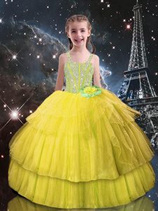 Gorgeous Light Yellow Ball Gowns Straps Sleeveless Tulle Floor Length Lace Up Beading and Ruffled Layers Little Girl Pag
