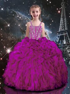 Fuchsia Organza Lace Up Straps Short Sleeves Floor Length Little Girl Pageant Gowns Beading and Ruffles