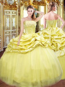 Deluxe Floor Length Ball Gowns Sleeveless Gold Quince Ball Gowns Lace Up