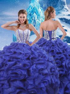 Blue Ball Gowns Beading and Ruffles Sweet 16 Dresses Lace Up Organza Sleeveless Floor Length