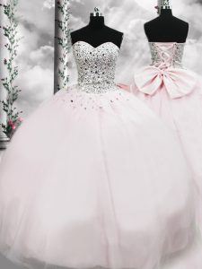 Fashionable Sleeveless Beading and Bowknot Lace Up 15th Birthday Dress with Pink Brush Train