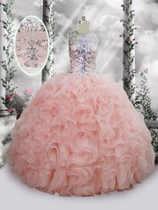 Baby Pink Organza Lace Up Sweet 16 Dress Sleeveless Floor Length Beading and Ruffles