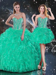 Turquoise Ball Gowns Organza Sweetheart Sleeveless Beading and Ruffles Floor Length Lace Up Ball Gown Prom Dress