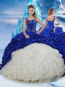 Blue And White Lace Up Quinceanera Gowns Ruffled Layers and Pick Ups Sleeveless Brush Train