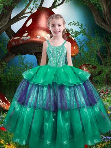 Green Lace Up Straps Beading and Ruffled Layers Pageant Dress Toddler Organza Sleeveless