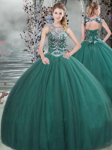 Extravagant Dark Green Tulle Lace Up Scoop Sleeveless Floor Length Quinceanera Gown Beading