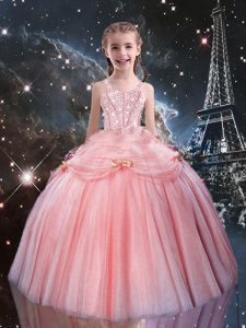 Ball Gowns Little Girls Pageant Gowns Rose Pink Straps Tulle Sleeveless Floor Length Lace Up