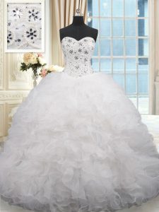 Lace Up 15 Quinceanera Dress White for Military Ball and Sweet 16 and Quinceanera with Beading and Ruffles Brush Train