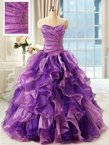 Dazzling Eggplant Purple Lace Up Sweetheart Beading and Ruffles Sweet 16 Dresses Organza Sleeveless