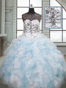 Blue And White Sleeveless Floor Length Beading and Ruffles Lace Up Quinceanera Gowns