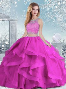 Fuchsia Sweet 16 Dresses Military Ball and Sweet 16 and Quinceanera with Beading and Ruffles Scoop Sleeveless Clasp Hand