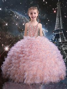 Pink Ball Gowns Straps Short Sleeves Organza Floor Length Lace Up Beading and Ruffles Child Pageant Dress
