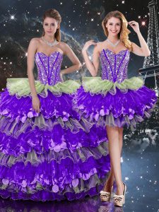 Sleeveless Organza Floor Length Lace Up Sweet 16 Dress in Multi-color with Beading and Ruffles and Ruffled Layers