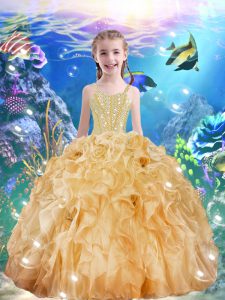 Fashionable Floor Length Champagne Little Girls Pageant Gowns Organza Sleeveless Beading and Ruffles