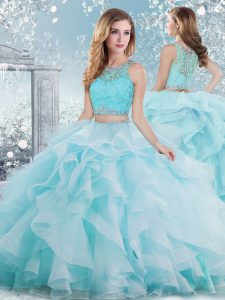 Flare Beading and Ruffles 15th Birthday Dress Aqua Blue Clasp Handle Sleeveless Floor Length