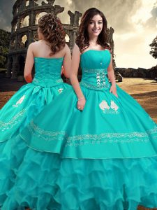 Turquoise Sleeveless Embroidery and Ruffled Layers Floor Length 15 Quinceanera Dress