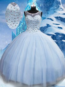 Light Blue Ball Gowns Scoop Sleeveless Tulle Floor Length Lace Up Beading Quinceanera Dresses