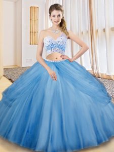 Admirable Baby Blue Criss Cross One Shoulder Beading and Ruching and Pick Ups Quince Ball Gowns Tulle Sleeveless