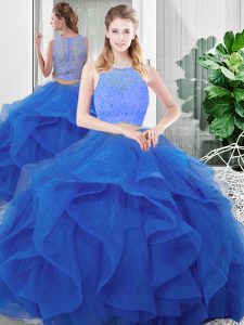 Hot Sale Floor Length Two Pieces Sleeveless Blue Quinceanera Gowns Zipper